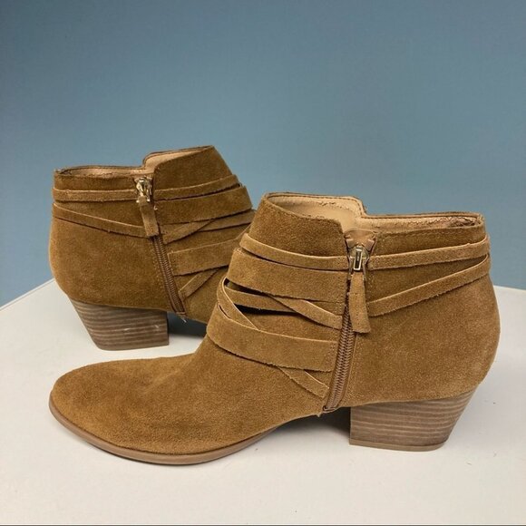 FRANCO SARTO Sz 10 Suede Straps Fringe Stacked Heel Western Style Zip Up Booties - Picture 5 of 11